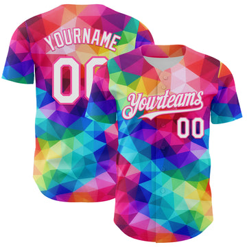 Custom Rainbow White Pink-Black Multicolor Geometric Grid Diamond Authentic Baseball Jersey