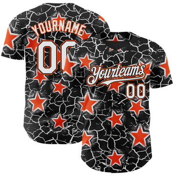 Custom Black White-Orange Cracked Pattern Graffiti Stars Authentic Baseball Jersey