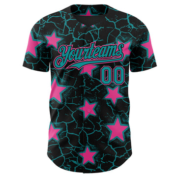 Custom Black Teal-Pink Cracked Pattern Graffiti Stars Authentic Baseball Jersey