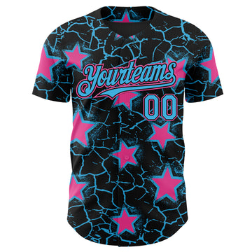 Custom Black Sky Blue-Pink Cracked Pattern Graffiti Stars Authentic Baseball Jersey