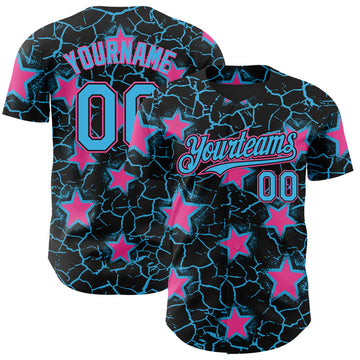 Custom Black Sky Blue-Pink Cracked Pattern Graffiti Stars Authentic Baseball Jersey