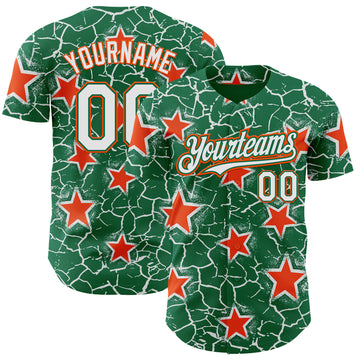 Custom Kelly Green White-Orange Cracked Pattern Graffiti Stars Authentic Baseball Jersey