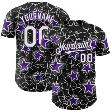 Custom Black White-Purple Cracked Pattern Graffiti Stars Authentic Baseball Jersey