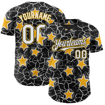 Custom Black White-Gold Cracked Pattern Graffiti Stars Authentic Baseball Jersey