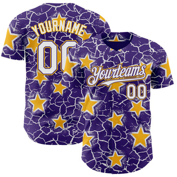 Custom Purple White-Gold Cracked Pattern Graffiti Stars Authentic Baseball Jersey