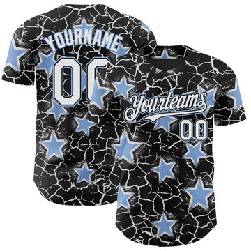 Custom Black White-Light Blue Cracked Pattern Graffiti Stars Authentic Baseball Jersey