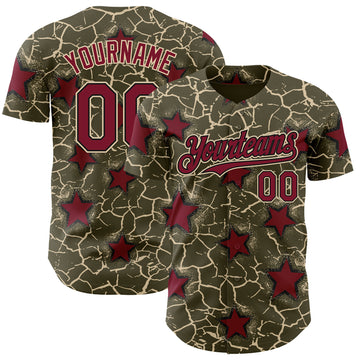 Custom Olive Crimson Black-Cream Cracked Pattern Graffiti Stars Authentic Baseball Jersey