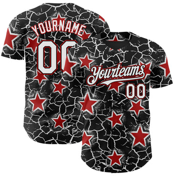 Custom Black White-Red Cracked Pattern Graffiti Stars Authentic Baseball Jersey