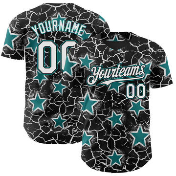 Custom Black White-Teal Cracked Pattern Graffiti Stars Authentic Baseball Jersey