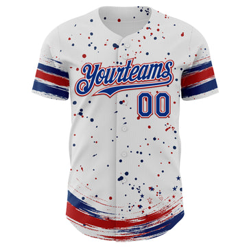 Custom White Royal-Red Stars Paint Splatter Brush Stroke Authentic Baseball Jersey