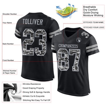 Custom Black-Gray Mesh Authentic Pixel Digital Camo Football Jersey
