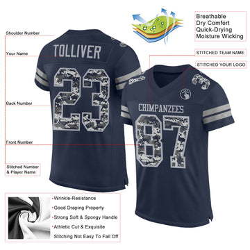 Custom Navy-Gray Mesh Authentic Pixel Digital Camo Football Jersey