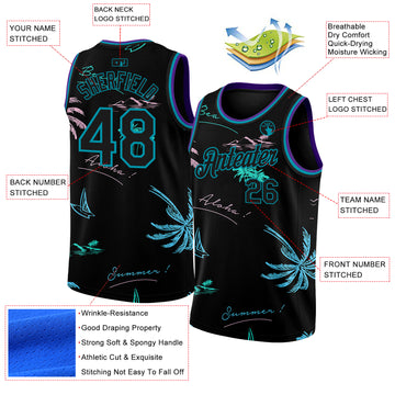 Custom Black Teal 3D PatternTropical Hawaii Palm Trees Authentic Basketball Jersey