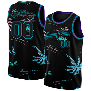 Custom Black Teal 3D PatternTropical Hawaii Palm Trees Authentic Basketball Jersey