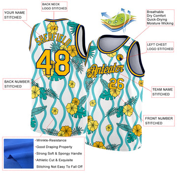 Custom White Gold-Navy 3D Pattern Tropical Hawaii Plant And Flower Authentic Basketball Jersey