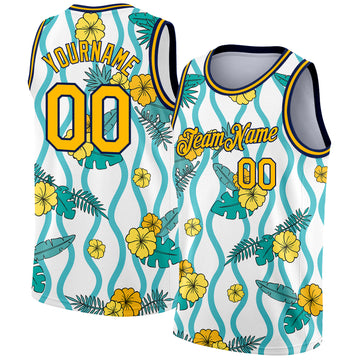 Custom White Gold-Navy 3D Pattern Tropical Hawaii Plant And Flower Authentic Basketball Jersey
