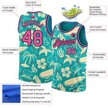 Custom Aqua Pink-Black 3D Pattern Tropical Hawaii Trees Authentic Basketball Jersey