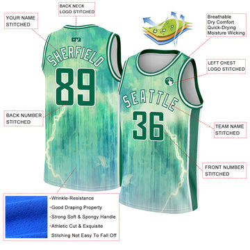 Custom Pea Green Kelly Green-White Abstract Watercolor Monsoon Authentic City Edition Basketball Jersey