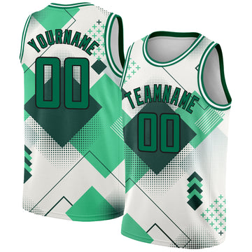 Custom White Kelly Green-Black 3D Pattern Design Geometric Shapes Authentic City Edition Basketball Jersey