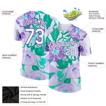 Custom Purple White 3D Pattern Design Flowers Performance T-Shirt