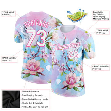 Custom Pink White 3D Pattern Design Flowers Performance T-Shirt