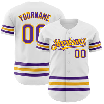 Custom White Purple-Gold Line Authentic Baseball Jersey