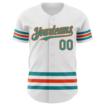 Custom White Teal-Orange Line Authentic Baseball Jersey