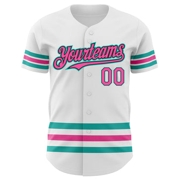 Custom White Pink Black-Aqua Line Authentic Baseball Jersey