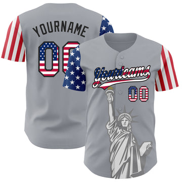 Custom Gray USA Flag-Black 3D American Flag Statue of Liberty Patriotic Authentic Baseball Jersey