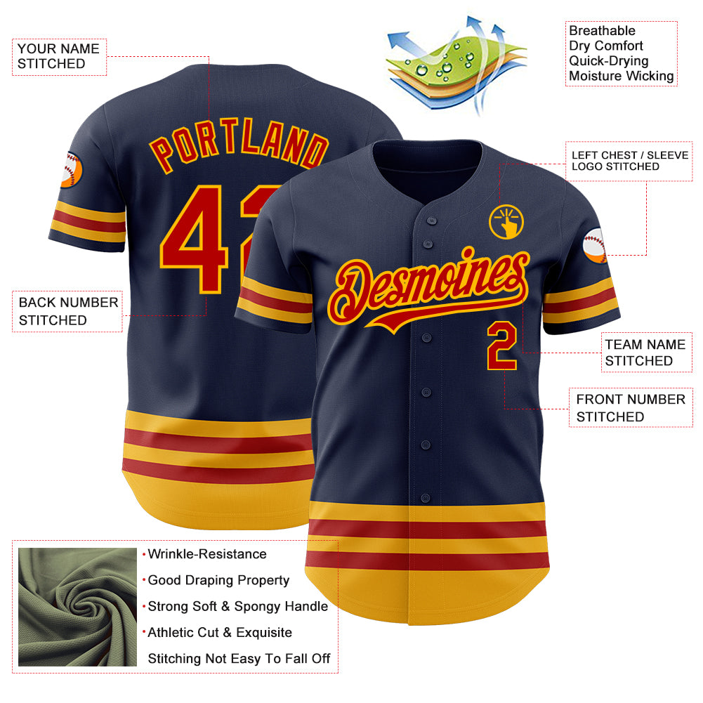 Custom Navy Red-Gold Stripes Authentic Baseball Jersey Discount