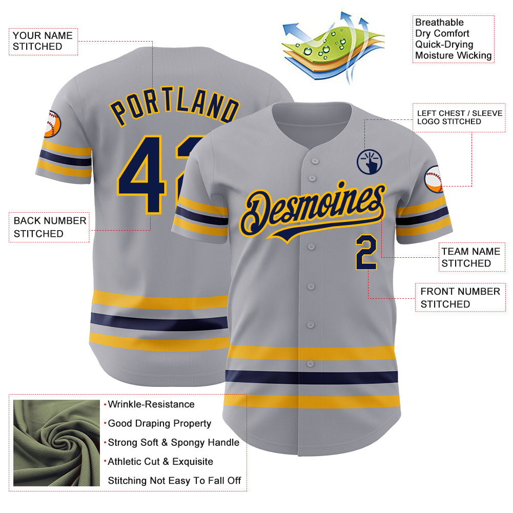 Custom Gray Navy-Gold Stripes Authentic Baseball Jersey Discount
