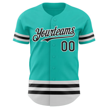 Custom Aqua Black-White Line Authentic Baseball Jersey