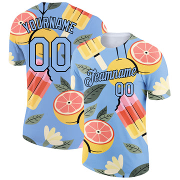 Custom Light Blue Black 3D Pattern Design Summer Holiday Ice Cream And Fruit Performance T-Shirt