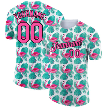 Custom White Pink-Black 3D Pattern Design Tropical Hawaii Flamingo Performance T-Shirt