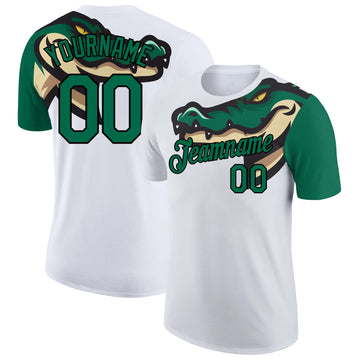 Custom White Kelly Green-Black 3D Pattern Design Crocodile Performance T-Shirt
