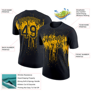 Custom Black Gold 3D Pattern Design Dripping Splatter Art Performance T-Shirt