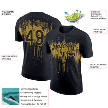 Custom Black Old Gold 3D Pattern Design Dripping Splatter Art Performance T-Shirt
