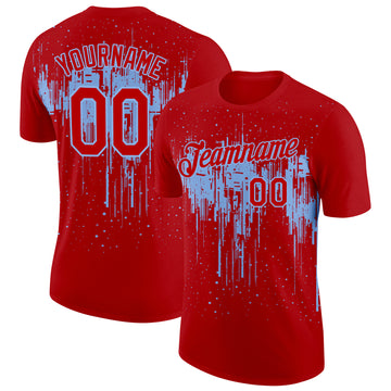 Custom Red Light Blue 3D Pattern Design Dripping Splatter Art Performance T-Shirt
