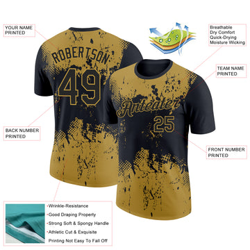 Custom Black Old Gold 3D Pattern Design Dripping Splatter Art Performance T-Shirt