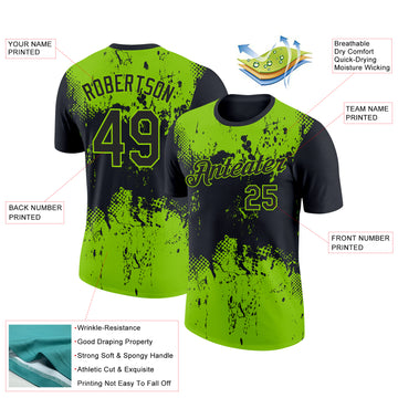 Custom Black Neon Green 3D Pattern Design Dripping Splatter Art Performance T-Shirt