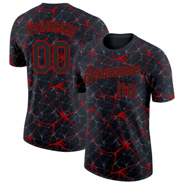 Custom Black Red 3D Pattern Design Abstract Network Performance T-Shirt