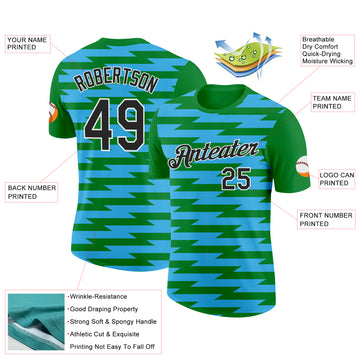 Custom Grass Green Black-Sky Blue 3D Esports Performance T-Shirt