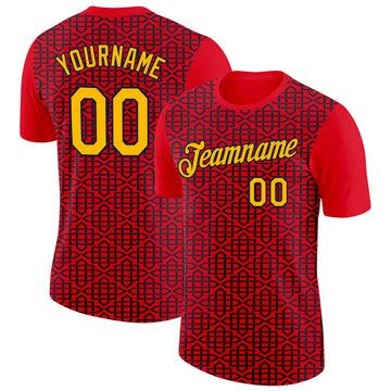 Custom Fire Red Gold Black-Navy 3D Esports Performance T-Shirt
