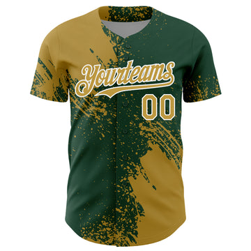 Custom Old Gold Green-White 3D Pattern Design Abstract Brush Stroke Authentic Baseball Jersey