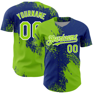 Custom Neon Green Royal-White 3D Pattern Design Abstract Brush Stroke Authentic Baseball Jersey