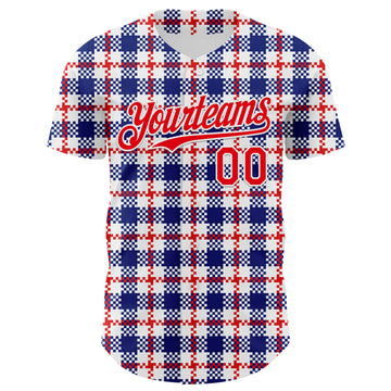 Custom White Fire Red-Royal 3D Pattern Design Patriotic American Symbol Plaid Authentic Baseball Jersey