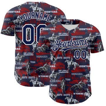 Custom Navy White 3D Pattern Design Patriotic American Spirit Rodeo Cowboy Authentic Baseball Jersey