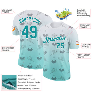 Custom Blue Teal-White 3D Gradient Pickleball Paddles Balls Floral Performance T-Shirt