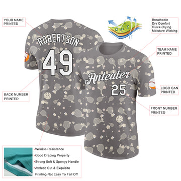 Custom Gray White-Black 3D Pickleball Paddles Balls Floral Performance T-Shirt