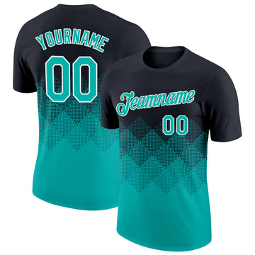 Custom Black Aqua-White 3D Pattern Design Gradient Square Shapes Performance T-Shirt